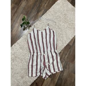 Lou & Grey Medium Striped 100% Linen Drawstring V Neck Sleeveless Romper